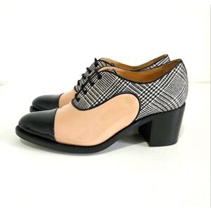 The Office of Angela Scott Mrs Maisel Midheel size 37.5 nude glen plaid leather